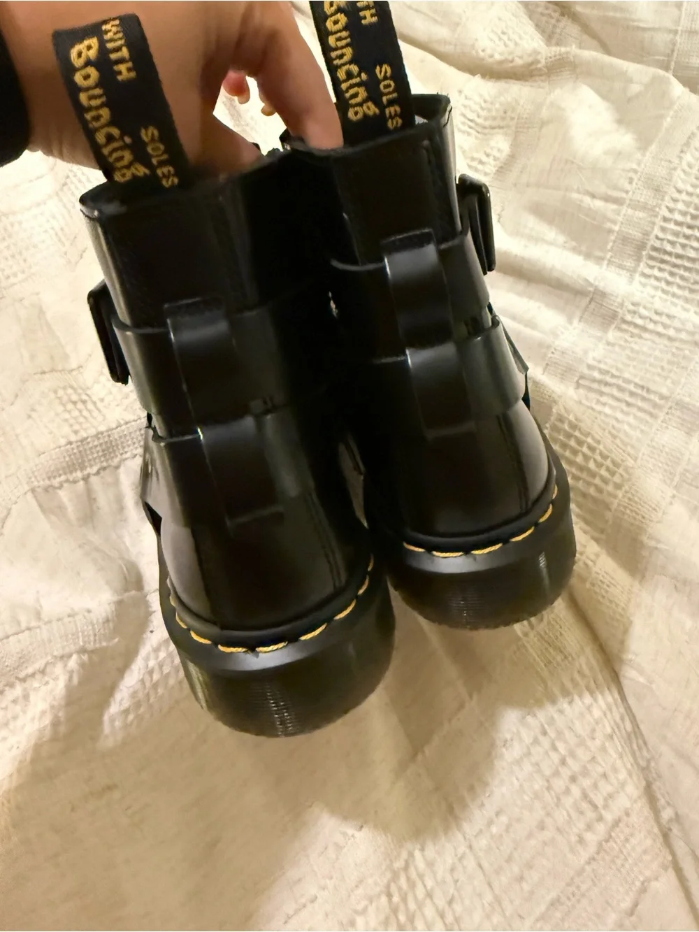 Dr. Martens Black Leather Harness Boots with Yellow Welt Stitching
